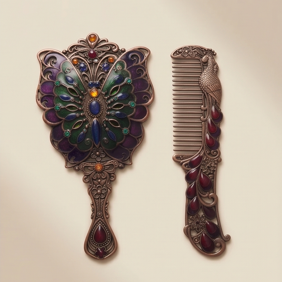 Kelebek Desenli Vintage Ayna Tarak Seti – Dekoratif Hediyelik | Anneler Günü Hediyesi